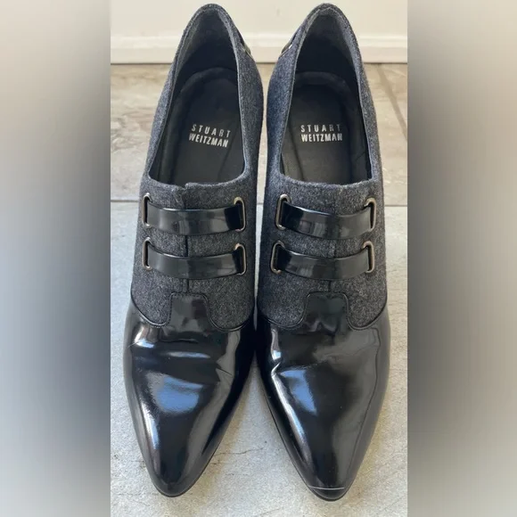 Stuart Weitzman Black and Gray Heels sz 7. Patent leather & wool. Made in Spain - Picture 2 of 12